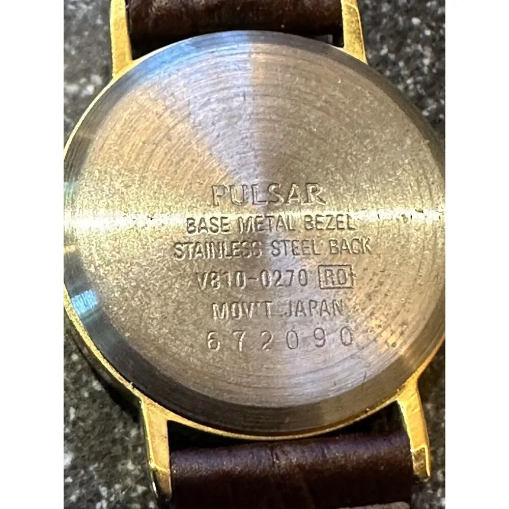 Vintage Pulsar Quartz Gold Tone Womens Watch V810-0270 Brown Leather Strap